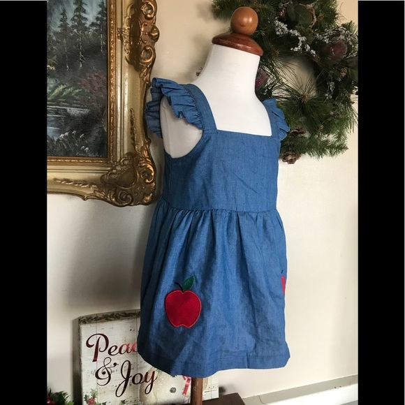 Apple Denim Pinafore Ruffle Baby Dress - Picture 2 of 8